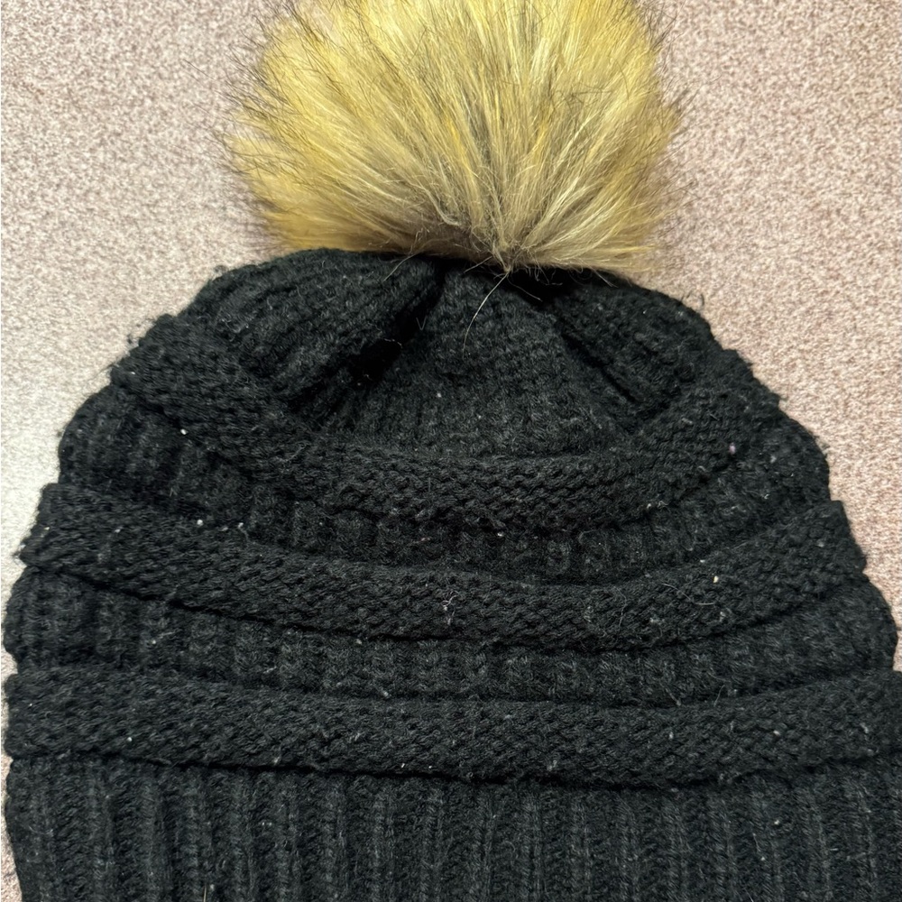 Black and Yellow Knit Pom-Pom Beanie Hat - Picture 2 of 3